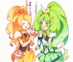Rule 34 | 10s, 2girls, arm warmers, bee, blonde hair, blush, brooch, bubble skirt, bug, closed eyes, crossover, cure honey, cure march, detached sleeves, dress, fingerless gloves, gloves, green dress, green eyes, green hair, green skirt, hair ornament, hair ribbon, happinesscharge precure!, hayashi (kanzume), heart, heart brooch, insect, jewelry, long hair, magical girl, midorikawa nao, multiple girls, oomori yuuko, open mouth, ponytail, precure, puffy sleeves, ribbon, shirt, simple background, skirt, smile precure!, translation request, tri tails, very long hair, vest, white background, wide ponytail, wrist cuffs, yellow skirt