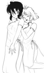 Rule 34 | 1990s (style), 2girls, black hair, blush, bob cut, breasts, china dress, chinese clothes, drawfag, dress, greyscale, gunsmith cats, lineart, long dress, medium breasts, minnie may hopkins, monochrome, multiple girls, open mouth, pushing, rally vincent, short hair, side slit, smile, tusia