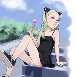 Rule 34 | 1girl, arm at side, arm support, bare shoulders, black dress, black footwear, black ribbon, blonde hair, blue eyes, blue sky, bush, cloud, collarbone, covered erect nipples, day, dress, female focus, flat chest, forehead, hair ribbon, hair tie, half-closed eyes, hand up, holding candy, holding lollipop, leg up, legs, lollipop, long hair, looking to the side, oira wa arumajiro, on stairs, original, outdoors, panties, parted bangs, parted lips, ribbon, shoes, short dress, sitting, sky, sleeveless, sleeveless dress, sneakers, solo, spaghetti strap, stairs, teeth, thighs, twintails, underwear, upskirt, white panties