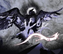 Rule 34 | abstract background, animal focus, artist name, bird, bleeding, blood, commentary, creature, crow, english commentary, floating, foreshortening, from below, glowing, halo, halo behind head, highres, kamikiririp, no humans, original, reaching, signature, spread wings, talons, twitter username