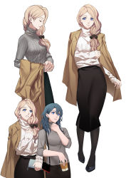 Rule 34 | 2girls, alternate costume, ashiwara yuu, black skirt, blonde hair, blue eyes, blue hair, byleth (female) (fire emblem), byleth (fire emblem), casual, closed eyes, coffee cup, contemporary, cup, disposable cup, earrings, fire emblem, fire emblem: three houses, grey sweater, hair between eyes, hand on own chest, highres, jacket, jacket on shoulders, jewelry, long hair, looking at viewer, mercedes von martritz, multiple girls, multiple views, nintendo, pantyhose, skirt, smile, sweater, thick eyebrows, turtleneck, turtleneck sweater, white background, white sweater