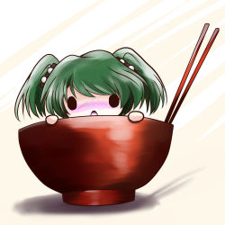 Rule 34 | 1girl, blush, bowl, female focus, green hair, kisume, looking at viewer, open mouth, oversized object, short hair, solid circle eyes, solo, touhou, yume shokunin