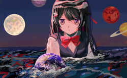 Rule 34 | 1girl, afloat, bessou (harirure661), black hair, black sweater vest, blue sky, bow, bowtie, brown eyes, commentary request, earth (planet), full moon, giant, giantess, grey hair, hair ornament, hairclip, half updo, highres, jupiter (planet), long hair, mars (planet), moon, nijisanji, ocean, partially submerged, planet, red bow, red bowtie, saturn (planet), school uniform, shirt, sky, solo, star (sky), starry sky, surreal, sweater vest, tsukino mito, tsukino mito (3rd costume), virtual youtuber, waves, wet, wet hair, white shirt
