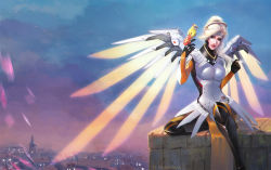 Rule 34 | 1girl, artist name, bird, black footwear, black gloves, blonde hair, blue eyes, blue sky, bodysuit, boots, breasts, cityscape, cloud, cloudy sky, commentary, ganymede (overwatch), gloves, glowing, glowing wings, halo, high ponytail, highres, holding, holding own hair, large breasts, light smile, lips, lipstick, long hair, looking at viewer, makeup, mechanical halo, mechanical wings, mercy (overwatch), nose, outdoors, overwatch, overwatch 1, pantyhose, parted lips, plumporange, ponytail, purple sky, red lips, signature, sitting, sitting on wall, sky, solo, spread wings, swiss flag, twilight, wall, wings, yellow wings