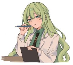Rule 34 | 1girl, black necktie, braid, collared shirt, commentary, english commentary, green eyes, green hair, green shirt, hair between eyes, holding, holding pen, honkai (series), honkai impact 3rd, lab coat, long hair, long sleeves, mobius (honkai impact), necktie, open clothes, pen, rena ( rrena), shirt, simple background, solo, upper body, very long hair, white background