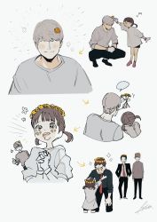 Rule 34 | 1girl, 3boys, absurdres, adachi tooru, blush, btmr game, child, closed eyes, doujima nanako, doujima ryoutarou, father and daughter, flower, gloves, hair flower, hair ornament, head wreath, highres, jacket, low twintails, multiple boys, multiple views, musical note, narukami yuu, necktie, open mouth, pants, persona, persona 4, red necktie, shirt, short twintails, signature, silver hair, smile, standing, tears, thumbs up, twintails, yellow flower