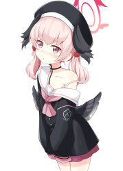 Rule 34 | 1girl, absurdres, aikawa ryou, beret, black hat, black shirt, black wings, blue archive, blush, cowboy shot, halo, hat, head wings, highres, koharu (blue archive), long hair, parted lips, pink eyes, pink hair, pink halo, pleated skirt, red skirt, sailor collar, sailor shirt, shirt, simple background, skirt, solo, twintails, white background, wings