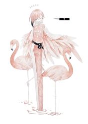 Rule 34 | 1girl, asymmetrical pants, belt, bird, black hair, closed eyes, feathers, flamingo, gradient hair, heart, long hair, long sleeves, multicolored hair, original, partially submerged, pink feathers, pink hair, simple background, solo, spoken heart, tembin 3, white background