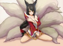 Rule 34 | 1girl, ahri (league of legends), animal ears, bare shoulders, black hair, blush, breasts, cleavage, collarbone, detached sleeves, facial mark, fox ears, fox tail, highres, korean clothes, large breasts, league of legends, light smile, long hair, looking at viewer, multiple tails, sitting, solo, tail, wariza, whisker markings, yellow eyes