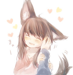 Rule 34 | 1girl, :d, ^ ^, animal ears, arm grab, blush, brown hair, closed eyes, collarbone, commentary request, fingernails, foomi, hand in another&#039;s hair, head tilt, heart, heart background, long sleeves, open mouth, original, pink shirt, shirt, smile, solo focus, tail, tail wagging, white background