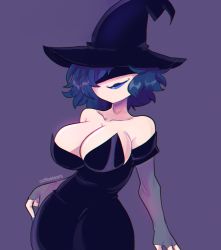 Rule 34 | 1girl, bare shoulders, black dress, black hat, blue hair, blue lips, blue nails, breasts, cleavage, closed mouth, coffeetears, cordelia (dead estate), cowboy shot, dead estate, dress, fingerless gloves, gloves, hat, highres, large breasts, nail polish, purple background, shaded face, short hair, simple background, smile, solo, strapless, strapless dress, witch, witch hat