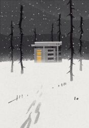 Rule 34 | bare tree, blizzard, building, footprints, grey background, highres, mountainous horizon, no humans, olicus, scp-7427, scp foundation, snow, snowing, tree