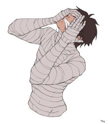 Rule 34 | 1boy, bandaged arm, bandaged chest, bandages, black hair, clenched teeth, crying, hands on own face, male focus, monkey d. luffy, one piece, solo, teeth, ufkqz, white background