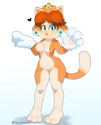 Rule 34 | 1girl, alternate costume, animal costume, animal ears, animal hands, artist name, blue eyes, blush, breasts, brown hair, cat costume, cat daisy, cat ears, cat tail, claw pose, commentary, covered navel, crown, earrings, english commentary, full body, gloves, groin, heart, highres, jewelry, large breasts, mario (series), motion lines, nintendo, orange fur, paw gloves, princess daisy, smile, solo, somescrub, standing, super mario 3d world, super mario land, tail, twitter username, white gloves