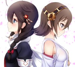 Rule 34 | 10s, 2girls, ahoge, back-to-back, bare shoulders, black serafuku, blue eyes, blush, braid, breasts, brown hair, closed mouth, commentary request, detached sleeves, hair flaps, hair ornament, hair over shoulder, hair ribbon, headgear, hiei (kancolle), highres, kantai collection, long hair, multiple girls, nontraditional miko, ponpu-chou, red ribbon, remodel (kantai collection), ribbon, scarf, school uniform, serafuku, shigure (kancolle), short hair, short sleeves, sideboob, grey eyes, single braid, smile, tress ribbon, white scarf