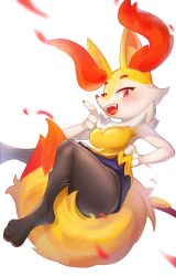 Rule 34 | 1girl, absurdres, animal ear fluff, animal ears, animal feet, animal hands, animal nose, armpits, between legs, black fur, blush, body fur, braixen, breasts, claws, creatures (company), fang, female focus, fox ears, fox girl, fox tail, furry, furry female, game freak, gen 6 pokemon, half-closed eyes, hand up, happy, highres, index finger raised, lifted by self, looking at viewer, medium breasts, momikacha, neck fur, nintendo, open mouth, pawpads, pokemon, pokemon (creature), red eyes, simple background, smile, snout, solo, tail, tail between legs, teeth, thick thighs, thighs, white background, white fur, yellow fur