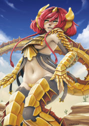 Rule 34 | 1girl, barbariank, black thighhighs, brass dragon, breasts, crotch plate, dragon girl, dragon tail, dungeons &amp; dragons, gauntlets, horns, midriff, navel, original, red hair, scales, short hair, solo, tail, thighhighs, underboob, yellow eyes