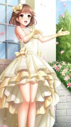 Rule 34 | 1girl, :d, bow, brown eyes, brown hair, day, doukyuusei another world, dress, earrings, game cg, gloves, hairband, jewelry, kakyuusei, layered dress, mochida mahoko, official art, open mouth, outdoors, petals, short hair, sleeveless, sleeveless dress, smile, solo, standing, wedding dress, yellow bow, yellow dress, yellow gloves, yellow hairband
