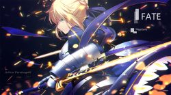 Rule 34 | 1girl, aqua eyes, armor, artist name, artoria pendragon (all), artoria pendragon (fate), blonde hair, blue dress, blue ribbon, braid, character name, closed mouth, copyright name, dress, excalibur (fate/stay night), fate/stay night, fate (series), gloves, holding, holding sword, holding weapon, light particles, magicians (zhkahogigzkh), profile, reverse grip, ribbon, saber (fate), short hair, solo, sparks, sword, weapon