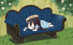 Rule 34 | 1girl, absurdres, bad id, bad pixiv id, black hair, blue upholstery, braid, chibi, closed eyes, couch, dress, flower, highres, instrument, k-on!, k-on! movie, long hair, lying, nakano azusa, object on head, on stomach, ragho no erika, rose, shoes, singing! (k-on!), sleeping, sneakers, solo, tambourine, thighhighs, twin braids