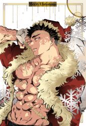 Rule 34 | 1boy, absurdres, alternate costume, bara, bare pectorals, black hair, blank eyes, christmas, cowboy shot, from side, fur-trimmed headwear, fur trim, groin, hat, highres, himejima gyoumei, holding, holding sack, kimetsu no yaiba, large pectorals, male focus, muscular, muscular male, pectorals, profile, sack, santa costume, santa hat, scar, scar on face, scar on forehead, shredded muscles, snowflake background, solo, thick eyebrows, veins, veiny arms, yae (pixiv 25755061)