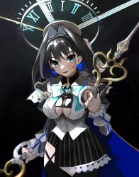 Rule 34 | 1girl, black background, black hair, black skirt, black thighhighs, blue bow, blue eyes, blue hair, blush, bow, bow earrings, breasts, chain, chain headband, cleavage, cleavage cutout, clock, clothing cutout, colored inner hair, commentary, cowboy shot, detached sleeves, dual wielding, earrings, english commentary, eyelashes, gem, hair between eyes, hair intakes, head chain, headpiece, heart-shaped gem, highres, holding, holding sword, holding weapon, hololive, hololive english, jewelry, juliet sleeves, kionaramusi, large breasts, long sleeves, looking at viewer, multicolored hair, open mouth, ouro kronii, ouro kronii (1st costume), puffy sleeves, roman numeral, shirt, short hair, side slit, simple background, skirt, smile, solo, striped clothes, striped skirt, sword, thighhighs, two-tone hair, vertical-striped clothes, vertical-striped skirt, virtual youtuber, weapon, white shirt, zipper