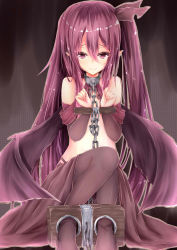 Rule 34 | 1girl, absurdres, bad id, bad pixiv id, bat wings, bdsm, bondage, bound, breasts, chain, chained, chain, collar, demon girl, hair ribbon, highres, long hair, looking at viewer, neko sensha, original, pantyhose, pointy ears, purple eyes, purple hair, restrained, ribbon, side ponytail, sitting, small breasts, smile, solo, stocks, demon girl, very long hair, wings