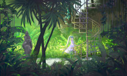 Rule 34 | 1girl, dress, floating hair, green hair, greenhouse, hatsune miku, hei yu, long hair, looking at viewer, sleeveless, sleeveless dress, solo, stairs, standing, sundress, tree, twintails, very long hair, vocaloid, white dress