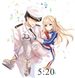 Rule 34 | 1boy, 1girl, admiral (warship girls r), armor, armored boots, blonde hair, blue eyes, blush, boots, braid, carrying, confetti, couple, crown braid, dated, epaulettes, faceless, faceless male, gloves, hetero, highres, long hair, necktie, necktie grab, neckwear grab, one side up, open mouth, princess carry, richelieu (warship girls r), skirt, swept bangs, thigh boots, thighhighs, uniform, warship girls r, white gloves, white skirt, white thighhighs, yuemanhuaikong