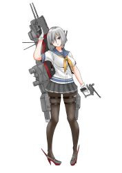 Rule 34 | 1girl, 30-06, adapted turret, anti-aircraft, anti-aircraft gun, black pantyhose, blue eyes, blue sailor collar, breasts, cannon, full body, gloves, grey skirt, hair ornament, hair over one eye, hairclip, hamakaze (kancolle), high heels, highres, kantai collection, large breasts, machinery, neckerchief, open mouth, pantyhose, pleated skirt, sailor collar, school uniform, serafuku, short hair, short sleeves, simple background, skirt, smokestack, solo, torpedo launcher, torpedo tubes, turret, white background, white gloves, white hair, yellow neckerchief