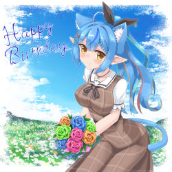Rule 34 | 1girl, ahoge, animal ear fluff, animal ears, black bow, black ribbon, blouse, blue flower, blue hair, blue rose, blush, bouquet, bow, braid, braided bangs, breasts, brown dress, brown eyes, brown hair, brown rose, cat ears, cat girl, cat tail, collarbone, commentary request, day, dress, field, flower, flower field, fuyuki8208, green flower, green hair, green rose, hair between eyes, hair ornament, hair ribbon, hairclip, happy birthday, heart, heart ahoge, highres, holding, holding bouquet, hololive, long hair, medium breasts, multicolored hair, plaid, plaid dress, pointy ears, ponytail, puffy short sleeves, puffy sleeves, purple flower, purple rose, ribbon, rose, shirt, short sleeves, sleeveless, sleeveless dress, solo, streaked hair, tail, very long hair, virtual youtuber, white flower, white shirt, x hair ornament, yukihana lamy, yukihana lamy (casual)