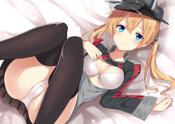 Rule 34 | 1girl, bed sheet, black skirt, black thighhighs, blonde hair, blue eyes, bra, breasts, hair between eyes, has bad revision, has downscaled revision, hat, highres, kantai collection, large breasts, long hair, long sleeves, low twintails, military, military uniform, nagiha kuten, panties, peaked cap, pleated skirt, prinz eugen (kancolle), resolution mismatch, revision, skirt, solo, source smaller, thighhighs, twintails, underwear, uniform, white bra, white panties