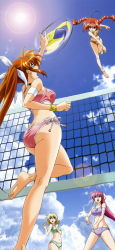 Rule 34 | 00s, 4girls, absurdres, ahoge, anklet, armband, ass, ball, barefoot, beach volleyball, bikini, blonde hair, blue eyes, bow, bracelet, braid, brown hair, butt crack, choker, cloud, day, earrings, feet, hair bow, hair ribbon, hashimoto takayoshi, highres, jewelry, jumping, legs, lens flare, long hair, long image, lyrical nanoha, mahou shoujo lyrical nanoha, mahou shoujo lyrical nanoha strikers, multiple girls, non-web source, nyantype, official art, open mouth, outdoors, pink hair, ponytail, purple eyes, ribbon, shamal, side-tie bikini bottom, signum, sky, soles, stick poster, sun, swimsuit, takamachi nanoha, tall image, toes, twin braids, twintails, very long hair, vita (nanoha), volleyball, volleyball (object)