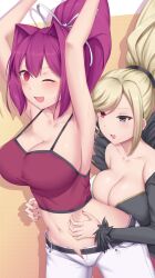 Rule 34 | 2girls, armpits, blonde hair, breasts, camisole, cleavage, crop top, dress, heterochromia, high ponytail, highres, hilda (under night in-birth), large breasts, midriff, multicolored clothes, multicolored dress, multiple girls, navel, open fly, pants, ponytail, purple eyes, purple hair, purple nails, soukitsu, tickling, tickling sides, tickling stomach, under night in-birth, white pants, yuzuriha (under night in-birth)