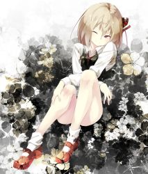 Rule 34 | 1girl, bare legs, closed mouth, crossed arms, flower, gorilla (bun0615), grey background, hair ribbon, highres, long sleeves, mary janes, one eye closed, red eyes, red footwear, red neckwear, red ribbon, ribbon, rumia, shoes, short hair, smile, socks, touhou, tress ribbon, white socks