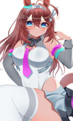 Rule 34 | 1girl, absurdres, ahoge, animal ears, bare shoulders, between breasts, blue eyes, blush, breasts, brown hair, commentary request, covered navel, cowboy shot, detached sleeves, grey skirt, groin, hair ornament, hairclip, highleg, highleg leotard, highres, horse ears, horse girl, horse tail, kaoru (h8qm9), large breasts, leotard, long hair, long sleeves, mihono bourbon (umamusume), miniskirt, necktie, necktie between breasts, parted lips, pink necktie, silver hairband, simple background, skirt, solo, tail, thighhighs, umamusume, white background, white leotard, white thighhighs