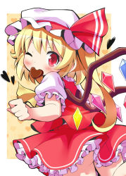 Rule 34 | 1girl, blonde hair, blush, candy, chocolate, chocolate heart, female focus, flandre scarlet, food, givuchoko, hat, hat ribbon, heart, highres, mouth hold, ribbon, short hair, side ponytail, skirt, skirt set, solo, touhou, valentine, wings, wink