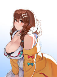 Rule 34 | 1girl, absurdres, animal collar, animal ears, bad id, bad twitter id, blush, bone hair ornament, braid, breasts, brown eyes, brown hair, buttons, cleavage, collar, collarbone, dated, dog ears, dog girl, dress, female focus, gradient background, hair between eyes, hair ornament, highres, hololive, huge breasts, inugami korone, inugami korone (1st costume), jacket, large breasts, leaning forward, looking at viewer, looking to the side, off shoulder, plump, ribbon, smile, solo, split mouth, tajyador, tareme, thick arms, virtual youtuber, yellow jacket