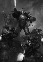 Rule 34 | 6+boys, adeptus astartes, armor, armor of fate (warhammer), battle, bird, blonde hair, bug, chaos (warhammer), chaos space marine, commentary, death guard, eagle, emperor&#039;s sword (warhammer), english commentary, firing, full armor, greyscale, halo, highres, holding, holding bolter, igor sid, imperial aquila, imperium of man, laurel crown, mechanical halo, monochrome, multiple boys, outdoors, pauldrons, plague marine, power armor, primarch, purity seal, red eyes, roboute guilliman, rot fly, short hair, shoulder armor, solo focus, standing, ultramarines, warhammer 40k, waving flag
