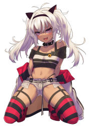 Rule 34 | 1girl, :d, absurdres, akaya shiki, bare shoulders, blush, breasts, collarbone, crop top, dark-skinned female, dark skin, fangs, garter straps, grey hair, hairband, high heels, highres, jacket, jacket partially removed, long hair, matsukai mao, midriff, navel, nijisanji, open mouth, purple eyes, short shorts, shorts, simple background, small breasts, smile, solo, squatting, striped clothes, striped thighhighs, sweat, sweatdrop, thigh strap, thighhighs, thong, twintails, virtual youtuber, white background, zettai ryouiki