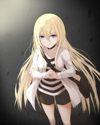 Rule 34 | 10s, 1girl, absurdres, bad id, bad pixiv id, black bag, black shorts, blonde hair, blue eyes, collarbone, fakegeo, floating hair, hair between eyes, highres, indoors, jacket, long hair, looking at viewer, open clothes, open jacket, own hands clasped, own hands together, rachel gardner, satsuriku no tenshi, shirt, short shorts, shorts, solo, standing, striped clothes, striped shirt, very long hair, white jacket, wooden floor