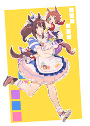Rule 34 | 2girls, animal ears, apron, asymmetrical footwear, belt, biko pegasus (umamusume), blue eyes, blush, boots, brown footwear, brown hair, buttons, carrying, child carry, choker, double-breasted, full body, gloves, hat, highres, hishi akebono (umamusume), horse ears, horse girl, horse tail, jacket, long hair, looking at viewer, mayana (bbpp), mini hat, mismatched footwear, multiple girls, open mouth, petticoat, puffy short sleeves, puffy sleeves, purple eyes, purple jacket, running, short hair, short sleeves, shorts, skirt, socks, tail, twintails, umamusume, waist apron, white footwear, white gloves, white legwear