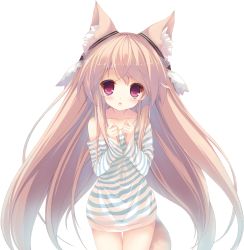 Rule 34 | 1girl, animal ear fluff, animal ears, brown hair, fox ears, long hair, no pants, off shoulder, open mouth, original, p19, red eyes, shirt, solo, striped clothes, striped shirt, tail, transparent background, very long hair