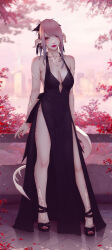 Rule 34 | 1girl, au ra, bare shoulders, black dress, blue eyes, bow, breasts, breasts apart, dragon horns, dragon tail, dress, final fantasy, final fantasy xiv, hair bow, halter dress, halterneck, high heels, highres, horns, lips, looking at viewer, medium breasts, nail polish, outdoors, pink hair, scales, solo, soranamae, tail, warrior of light (ff14)