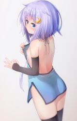 Rule 34 | 1girl, backless dress, backless outfit, bare shoulders, black thighhighs, blue dress, blue eyes, breasts, commentary request, crescent, crescent hair ornament, detached sleeves, dress, hair ornament, hand gesture, highres, kantai collection, looking at viewer, looking back, microdress, nipples, ok sign, purple hair, pussy juice, shiira kan, short hair, short hair with long locks, shoulder blades, side slit, simple background, small breasts, solo, sweat, thighhighs, yayoi (kancolle), zettai ryouiki