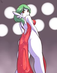 Rule 34 | 1girl, absurdres, ass, backless dress, backless outfit, bare shoulders, breasts, cocktail dress, creatures (company), diamond (shape), dress, eyes visible through hair, female focus, floodlights, from behind, from below, game freak, gardevoir, gen 3 pokemon, green hair, grey background, highres, immortalstar, large breasts, legs apart, looking back, looking to the side, nintendo, pokemon, pokemon (creature), pokemon rse, red dress, red eyes, signature, simple background, sleeveless, sleeveless dress, smile, solo, standing, text focus