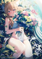 Rule 34 | 1girl, animal ear fluff, animal ears, blue archive, blue eyes, blush, bouquet, breasts, clothing cutout, flower, frilled one-piece swimsuit, frills, hair between eyes, hair flower, hair ornament, halo, highres, long hair, looking at viewer, mari (blue archive), mari (swimsuit) (blue archive), medium breasts, navel cutout, one-piece swimsuit, orange hair, solo, swimsuit, yampa