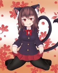 1girl :p animal_ear_fluff animal_ears black_jacket bow bowtie brown_hair cat_ears cat_tail chen clothes_lift earrings floral_background flower_request full_body haruirokomici jacket jewelry lifting_own_clothes long_hair looking_at_viewer multiple_tails nekomata pantyhose red_bow red_bowtie red_eyes red_skirt single_earring sitting skirt skirt_lift solo tail tongue tongue_out touhou two_tails wariza