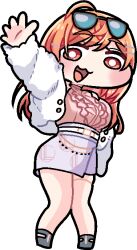 Rule 34 | 1girl, alpha transparency, arm up, breasts, commentary, eyewear on head, full body, hair ornament, hairpin, hololive, hololive dev is, ichijou ririka, jacket, knees together feet apart, komainu channel, large breasts, miniskirt, open mouth, orange hair, red eyes, skirt, smile, solo, sunglasses, thigh strap, transparent background, virtual youtuber, waving, white jacket