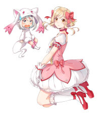Rule 34 | 2girls, :o, absurdres, alternate costume, black eyes, bow, bow choker, brown eyes, bubble skirt, candy rimo, choker, commentary, cosplay, floating, from side, genshin impact, gloves, hair between eyes, hair bow, hair ornament, hair ribbon, high heels, highres, kaname madoka, kaname madoka (cosplay), kneehighs, kyubey, kyubey (cosplay), light brown hair, looking at viewer, looking to the side, lumine (genshin impact), magical girl, mahou shoujo madoka magica, mahou shoujo madoka magica (anime), multiple girls, paimon (genshin impact), parted lips, puffy sleeves, red footwear, ribbon, ribbon choker, short hair, short hair with long locks, short sleeves, sidelocks, simple background, skirt, socks, sweatdrop, trait connection, voice actor connection, white background, white gloves, white hair, white legwear, yuuki aoi